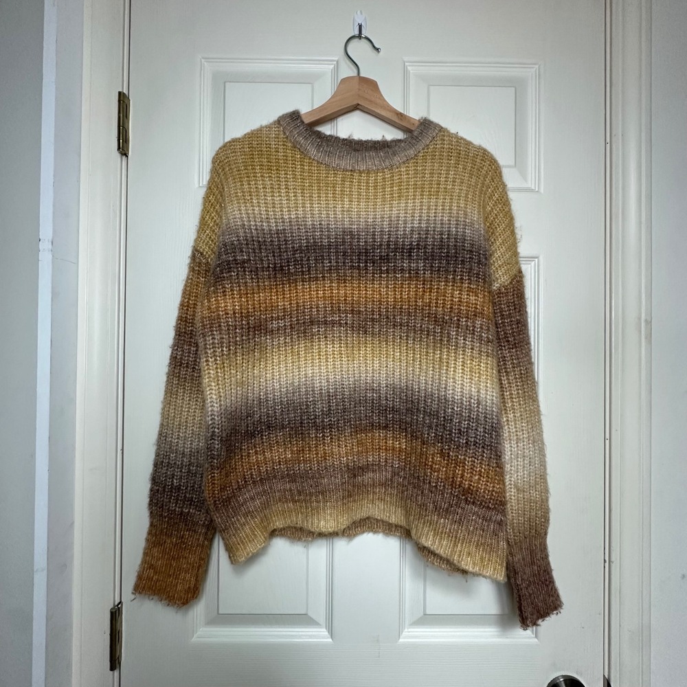 Rachel Zoe Women XS Striped Fuzzy Space Dye Crewneck Sweater Brown Yellow Cream